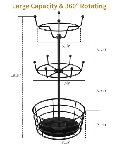 360° Rotating Coffee Cup Holder Tree | 3-Tier Metal Mug Rack with 10 Hooks, Coffee Bar Organizer Decor for Kitchen Countertop