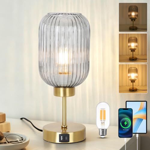 LAMSU Grey Glass Table Lamp for Bedroom with Bulb, Small Beside Lamp with USB Ports, 3 Way Dimmable Desk Lamp, Vintage Modern Nightstand Lamp for Living Room, Office, Ambient Mood Lighting - color: Gray