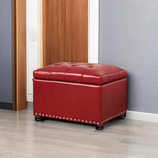Leather Storage Ottoman, 24" Rectangle Square Bench Foot Rest Stool for Bedroom Living Room, Red - color: Red