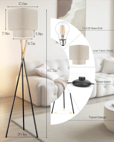 Lightdot Black Tripod Floor Lamp, Modern Floor Lamps for Living Room, Standing Lamp with Dual Drum, E26 Bulb Included, 67.7" Tall Floor Lamp for Bedroom, Home Office - color: Double-Fabric