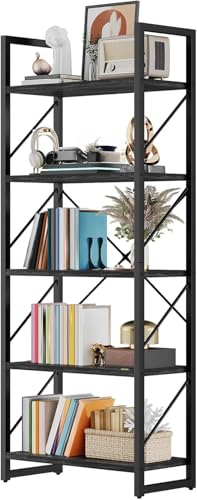 DWVO 5 Tier Bookshelf | Industrial Bookshelves Open Shelf Bookcase, Storage Shelves Organizer Display Rack for Bedroom,Living Room,Office,Kitchen - color: Charcoal Gray