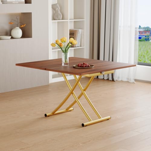 4 in 1 Adjustable Folding Dining Table for 4, Foldable Table for Small Spaces, Coffee Table that Lifts Up to Eat, Scratch-Resistant Wood Grain Top with Metal Frame for Kitchen Living Room - color: Walnut-gold