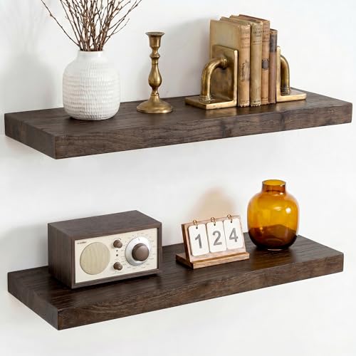 Dreamland Floating Shelves 24 Inch Long for Wall Decor, Rustic Solid Elm Wood Floating Shelf Wall Mounted, Wall Shelves Set of 2 with Invisible Bracket for Living Room Bathroom Bedroom Kitchen, Walnut - color: Walnut, size: Flat Edge - 24"L