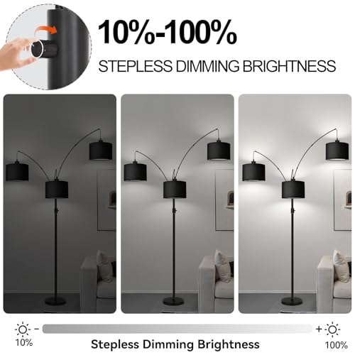 Dimmable Floor Lamp - 3 Lights Arc Floor Lamps for Living Room,Modern Tall Standing Tree Lamp with Black Linen Shade & Heavy Base,Mid Century Floor Lamp for Bedroom Corner Office, 3 LED Bulbs Included - size: F