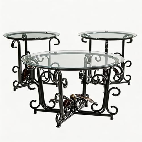 Glass Coffee Table Set of 3 — 31.5" Round Nesting Coffee Table with 2 End Tables, Tempered Glass Top & Wrought Iron Scroll Frame for Living Room, Apartment, Patio, Sunroom