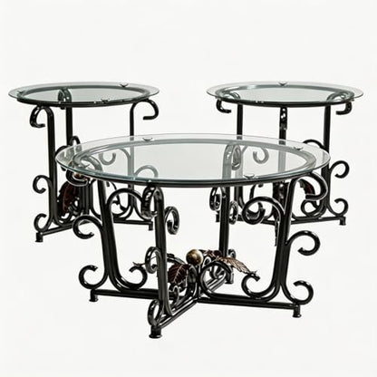 Glass Coffee Table Set of 3 — 31.5" Round Nesting Coffee Table with 2 End Tables, Tempered Glass Top & Wrought Iron Scroll Frame for Living Room, Apartment, Patio, Sunroom