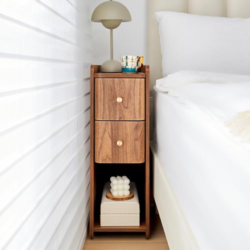 Narrow Nightstand Set of 2, Wooden Small 2 Drawer Nightstand, Slim Side End Table, Skinny Bedside Table, Mid Century Modern Night Stand with Drawers for Bedroom (Walnut-1 pc) - color: Walnut-1 Pc