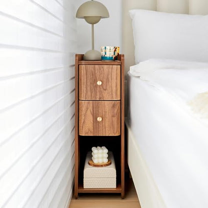 Narrow Nightstand Set of 2, Wooden Small 2 Drawer Nightstand, Slim Side End Table, Skinny Bedside Table, Mid Century Modern Night Stand with Drawers for Bedroom (Walnut-1 pc) - color: Walnut-1 Pc