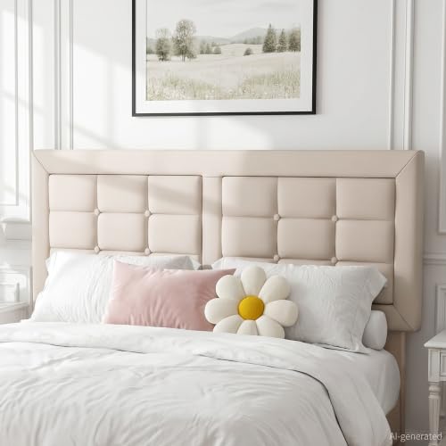 VECELO Full Size Bed Frame, Adjustable Upholstered Button Tufted Headboard, Heavy-Duty Bedframe with Wood Slats Support, No Box Spring Needed, Beige - color: Beige, size: Full, style: Bed Frame