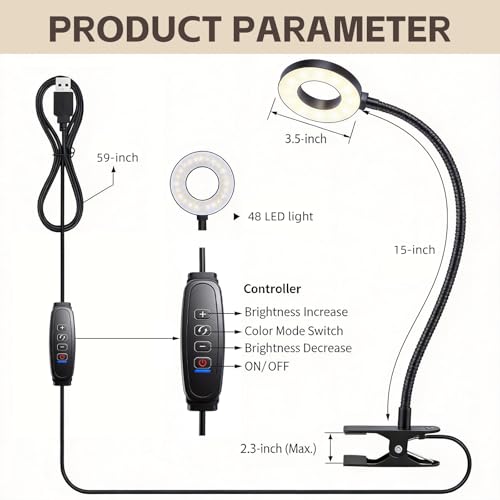 Sunny Power LED Clip On Book Light Eye-Care Bedside Reading Light for Kids | 3 Color Modes,10 Brightness Levels Flexible Arm Night Light,USB Powered Books in Bed, Table Lamp for Home Office Dorm
