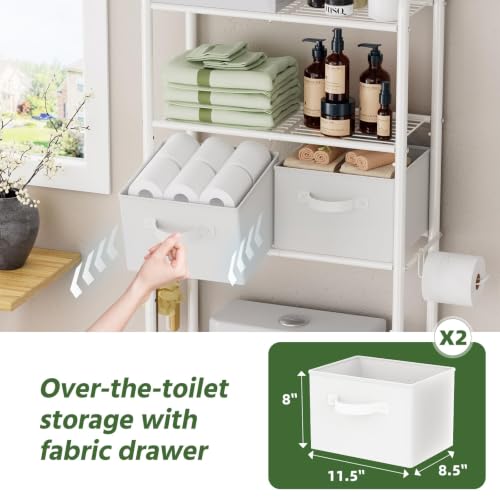 Simple Trending Over The Toilet Storage Rack with Drawers, Metal 3 Tier Bathroom Organizer Shelf with Paper Holder and 3 Hooks, White - color: White With Drawers