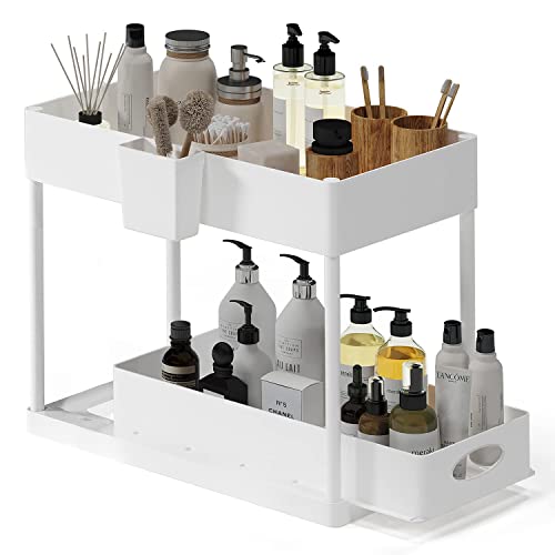 Under Sink Organizers and Storage, Bathroom Cabinet Organizer, Sink Shelf with Utility Hooks and Side Caddy for Under Cabinet Storage | Under Kitchen Sink Organizer with Sliding Drawer, White (1-Pack) - color: White, size: Pull-Out - 1 Pack
