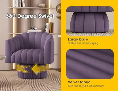 Dewhut Swivel Accent Chair, Barrel Accent Chair, Velvet, Purple | Mid Century Style, Modern Round ArmChair With 360° Swivel Base, For Living Room / Bedroom / Office - color: Purple