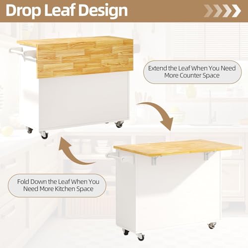 4 EVER WINNER 43" Kitchen Island with Drop Leaf, Rolling Kitchen Island | Modern Design, 4 Wheels, 3 Storage Drawers, Spice Rack & Towel Rack, for Kitchen Dining Room, White - style: Modern