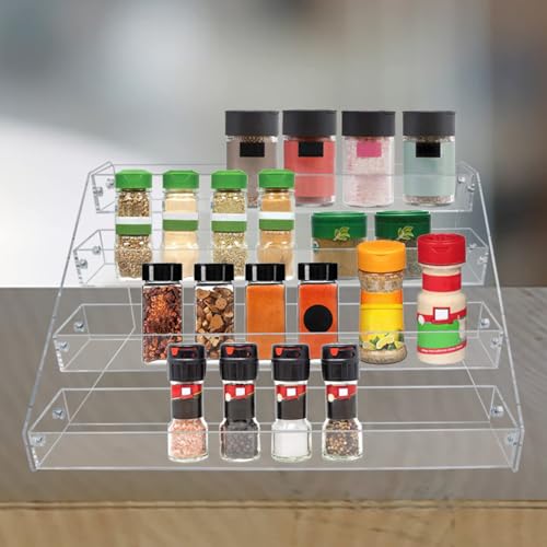 PMMASTO 4-Tier Clear Acrylic Spice Rack Organizer for Cabinet Countertop | Raised Step Design, Keeps Spice Jars, Seasonings and Cans Visible, Ideal for Countertops, Kitchen Cabinets and Pantry Storage - size: 4 Tier - inner width 1.93"