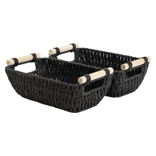 StorageWorks Small Storage Basket, Organizing Baskets for Shelf, Black | Wicker Storage Baskets for Shelves, Baskets with Wooden Handles, 2-Pack Gifts Basket for Home Decor, Hand-Woven Basket - color: Black, size: Small