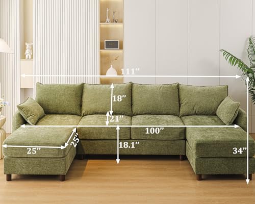 111'' Sectional Couches,with 2 Movable Chaise Lounge,Chenille,Green | U Shaped Sofa,4-Seater Comfy Couch with Thick Cushion,Wood Legs,2 Throw Pillows,Sectional for Living Room,Apartment,Bedroom - size: 111'' U Shaped Sofa