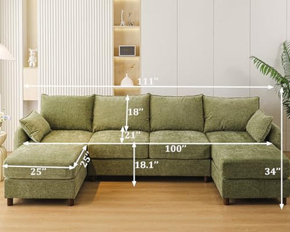 111'' Sectional Couches,with 2 Movable Chaise Lounge,Chenille,Green | U Shaped Sofa,4-Seater Comfy Couch with Thick Cushion,Wood Legs,2 Throw Pillows,Sectional for Living Room,Apartment,Bedroom - size: 111'' U Shaped Sofa