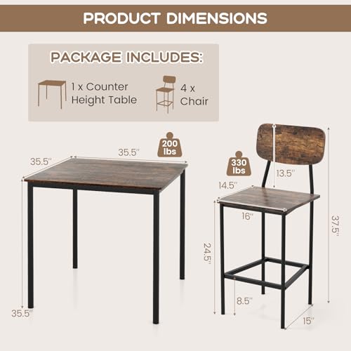 Giantex 5-Piece Dining Table Set W/Counter Height Table & 4 Bar Stools, Industrial Kitchen Dining Set W/Footrest & Backrest, Space-Saving Dinette Set for Pub, Dining Room, Restaurant (Mix Brown) - color: Mix Brown