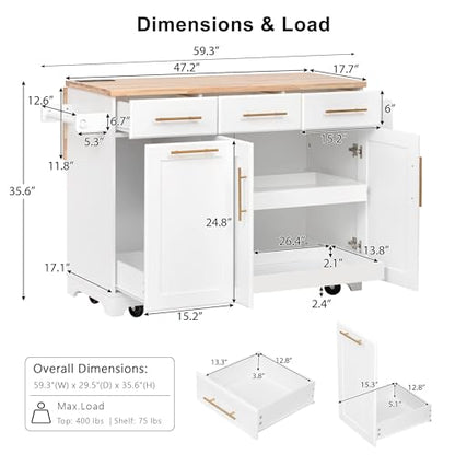 Kitchen Island with Trash Can Storage & Pull-Out Trays | Solid Rubberwood Countertop Kitchen Island on Wheels, Drop Leaf, Power Outlet, 3 Drawers - color: White