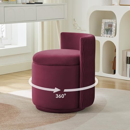 WUTUTUEE Velvet Vanity Chair with Storage, 360° Swivel Makeup Chair with Wave Back, No Assembly Small Accent Stool for Bedroom, Dressing, Living Room, Burgundy - color: Burgundy, size: Regular