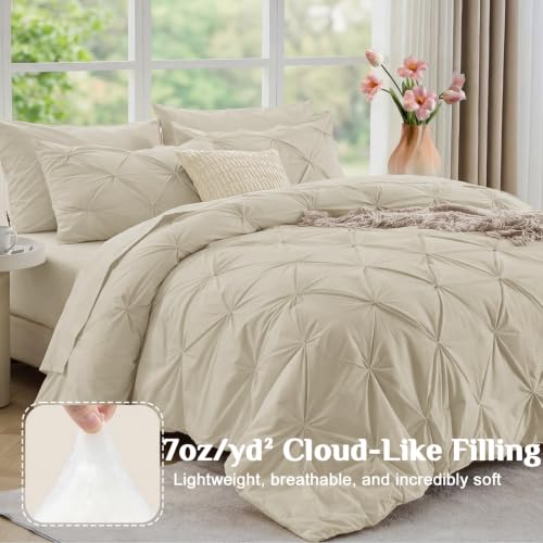 JOLLYVOGUE Twin Comforter Set 5 Pieces - Bed in a Bag Twin for All Season, Pintuck Bedding Comforter Sets with Comforter, Flat Sheet, Fitted Sheet and Pillowcases & Shams, Linen - color: Linen, size: Twin