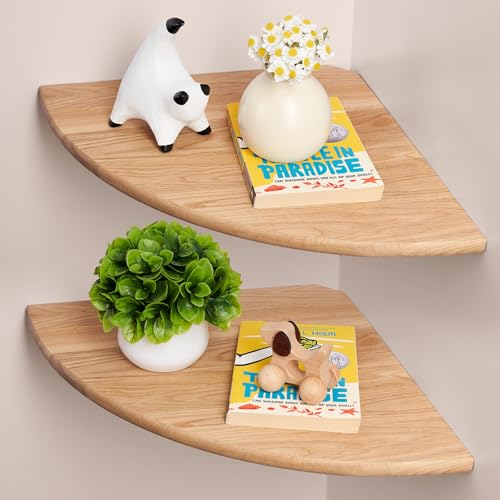 Gieanoo Floating Corner Shelves for Wall Set 2 12inch Solid Oak Rounded Corner Shelves Wall Mounted with Cable Hole Wood Corner Hanging Shelves for Living Room Bedroom Bathroom Kitchen - color: Natural, size: 12in 2-Pack