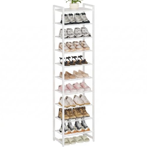 Narrow Shoe Rack 10-Tier, Tall Shoe Organizer for Small Spaces | White, Holds Up to 22 Pairs, for Closets, Entryways, Garage, Dorm Rooms, Reinforced Wire Shelves, Wood Top - color: White, size: 10 Tier