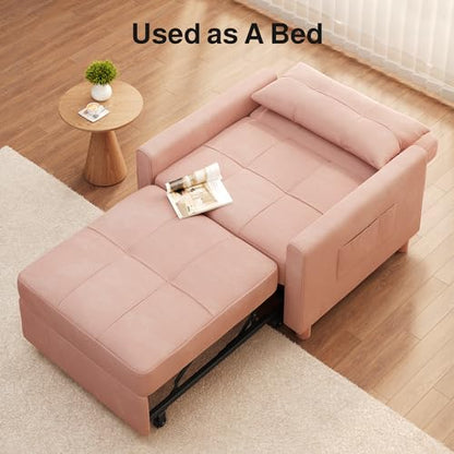 Convertible Sleeper Chair Sofa Bed, 3-in-1 Pull Out Sofa Chair, Pink | 3 in 1 Chair Bed, Adjustable Backrest, Storage Pocket, Compact Fit for Living Rooms, Apartments, Guest rooms - color: Pink Premium Velvet