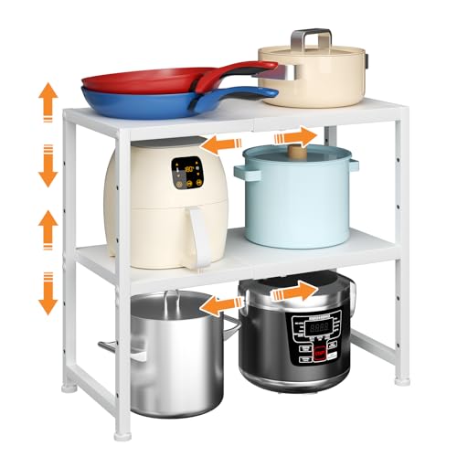 2-Tier Expandable Kitchen Storage Shelf,150LBS Heavy Duty Metal Shelving Units For Small Appliance,Adjustable Pots and Pans Organizer Rack Shelves For Kitchen Counter Under Cabinet Garage Pantry,White - color: White