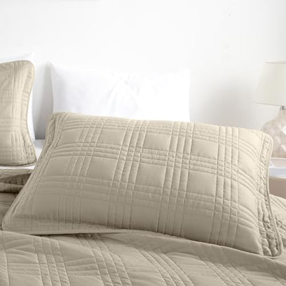 Chezmoi Collection Kingston Queen Size Bedspread Set, 3-Piece Khaki Oversized Quilted Microfiber Lightweight Bedspread Coverlet (100"x106") for All Seasons - color: Khaki, size: Queen