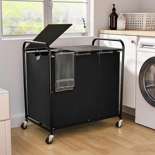 180L Laundry Sorter 3 Section, Rolling Laundry Basket with Wheels and Lid | 47.55 Gal Laundry Hamper, 3 Separated Removable Bags, Lockable Wheels, Dirty Clothes Hamper for Laundry Room Organizer, Black - color: Black-3Sec, size: 47.55Gal