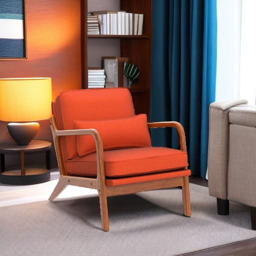Karl home Mid-Century Modern Accent Reading Chair, Burnt Orange | Linen Upholstered, Solid Wood Frame, Soft Cushion, Lumbar Pillow, Lounge Armchair for Living Room, Bedroom, Balcony, Study - color: Linen Orange