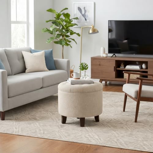 HomePop 19" Button Tufted Round Storage Ottoman - Tan Woven - color: Tan Woven
