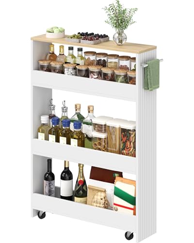 Slim Storage Cart with Wheels, 5.5" Narrow 4-Tier Rolling Cart, Multi-Purpose Utility Cart for Kitchen, Bathroom, Laundry Room, Living Room, White and Natural MTC02WN