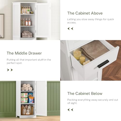 WEENFON Tall Bathroom Cabinet, Storage Cabinet with 6 Shelves & Drawer, Bathroom Storage Cabinet with Adjustable Shelves, Tall Cabinet for Living Room, Home Office, White - color: White