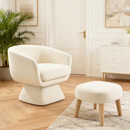 Swivel Barrel Chair and Ottoman Set, 360 Degree Club Chair, Comfy Boucle Armchair and Footstool, Upholstered Accent Sofa Chair w/Footrest for Living Room Bedroom Reception Room, White - color: White, size: Swivel chair
