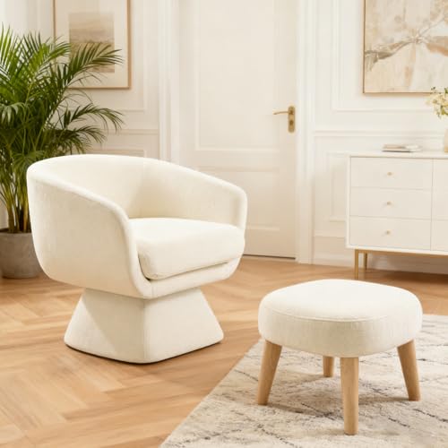 Swivel Barrel Chair and Ottoman Set, 360 Degree Club Chair, Comfy Boucle Armchair and Footstool, Upholstered Accent Sofa Chair w/Footrest for Living Room Bedroom Reception Room, White - color: White, size: Swivel chair