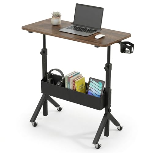 HUANUO Mobile Standing Desk with Wheels and Storage Basket, Height Adjustable 28.7"-46.1" Rolling Desk for Walking Pad, Small Space Laptop Computer Workstation for Home Office - color: Walnut