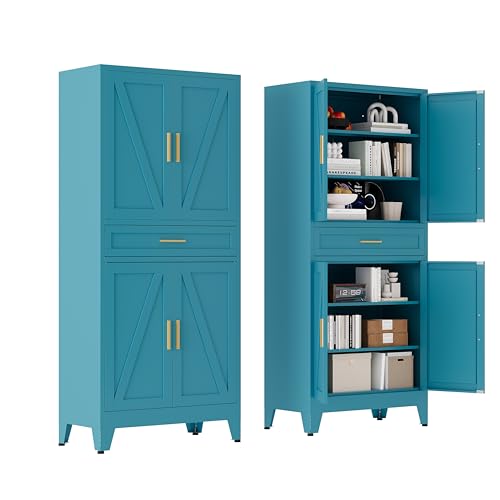 71 "Farmhouse Metal Filing Cabinet with a Drawer and 4 Adjustable Shelves, with 4 Large barn Door Blue Kitchen Cabinets, Metal Food Cabinets for Home, Kitchen, Dining/Living Room (Peacock Blue) - color: Peacock Blue, size: 71" - Filing Cabinet - 1 Drawer