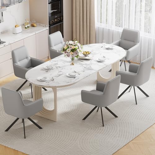 360°Swivel Dining Chairs Set of 6, Modern Upholstered Dining Room Chairs with Thicken Cushion, Dining Chairs with Armrests Swivel Kitchen Chairs for Living Room, PU, Grey - color: Grey, size: Set of 6
