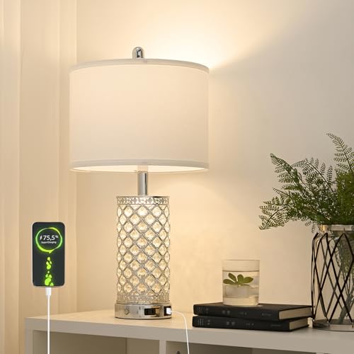 SAIWEYA 24in Crystal Table Lamp Bedroom Lamps for Night Stand Bedside | 3-Way Dimmable Touch with Night Ligh, 2 USB Ports + AC Outlet, White Fabric Shade, LED Bulb Included - color: Silver-1 Pack 24In