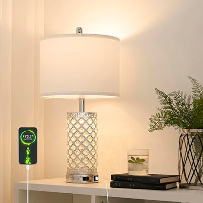 SAIWEYA 24in Crystal Table Lamp Set of 2 Bedroom Lamps for Night Stand | 3-Way Dimmable Touch with Night Ligh, 2 USB Ports + AC Outlet, White Fabric Shade, LED Bulb Included - color: Silver-2 Pack 24In