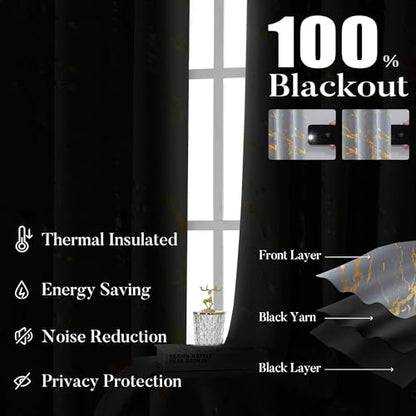 WUBODTI Grey Marble 100% Blackout Curtains Grommet Bedroom 54 inch 2 Panels | Gold and grey,metallic pattern,modern abstract,thermal insulated, room darkening,privacy,kitchen,bathroom,small window,short - color: Grey and Gold, size: 52"W x 54"L (Pack of 2
