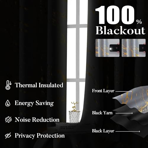 WUBODTI 100% Blackout Grey and Gold Patterned Curtains 84 Inches Long 2 Panels Set for Living Room Bedroom, Grey Marble Print Grommet Curtain Modern Thermal Insulated Room Darkening Curtain Drapes - color: Grey and Gold, size: 52"W x 84"L (Pack of 2)