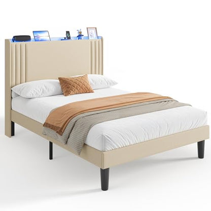 Gizoon Full Bed Frame with Charging Station and LED Lights | Upholstered Wingback Platform Bed with Padded Headboard,Wooden Slats,Noise-Free,No Box Spring Needed, Easy Assembly,Beige - color: Beige+led, size: Full