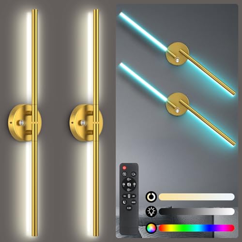 Battery Operated Wall Sconce of 2, 360°DIY Rotatable,Wireless Magnetic Wall Lights with Remote,10 RGB Color with 5CCT Dimmable,Cordless Wall Lamp Decor for Vanity Bedroom 10000mAh Gold - size: RGB-28.5 inch (Gold - 2 Pack)