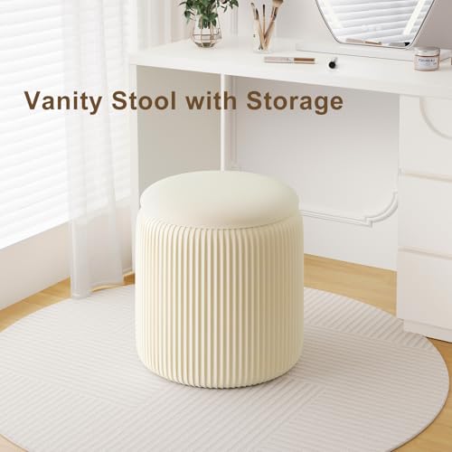 Beige Ottoman with Storage Set of 2, Upholstered Velvet Vanity Stool, Comfy Round Makeup Vanity Stools, Large Storage Ottoman Foot Rest, Pouf Seat for Living Room/Bedroom - color: Beige