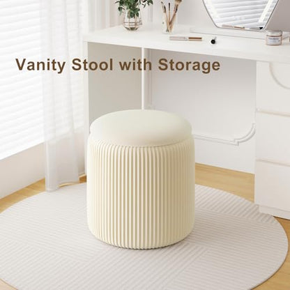 Beige Ottoman with Storage Set of 2, Upholstered Velvet Vanity Stool, Comfy Round Makeup Vanity Stools, Large Storage Ottoman Foot Rest, Pouf Seat for Living Room/Bedroom - color: Beige