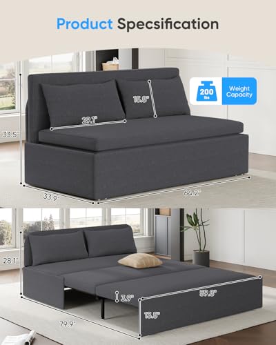 64.2" Queen Size Pull Out Sofa Bed，3-in-1 Linen Convertible Sleeper Sofa Bed,Loveseat Pullout Bed with Pillows and Tri-fold Mattress for Small Space/Bedroom,Dark Grey - color: Dark Grey, size: Queen